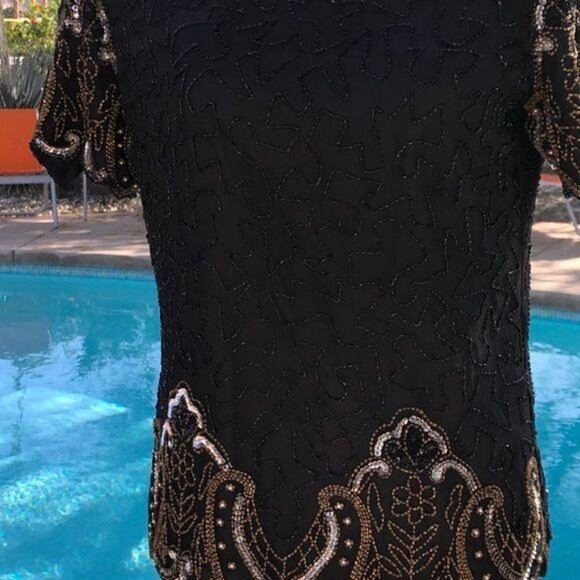 Laurence Kazar Silk Blouse Size PP Vintage Black Gold Beaded Lined Shoulder Pads - Picture 9 of 12